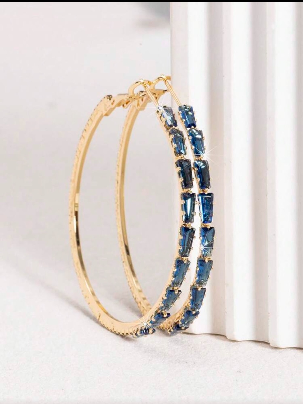 Gold Hoop Earrings with Navy Blue Gemstones - Women Jewelry